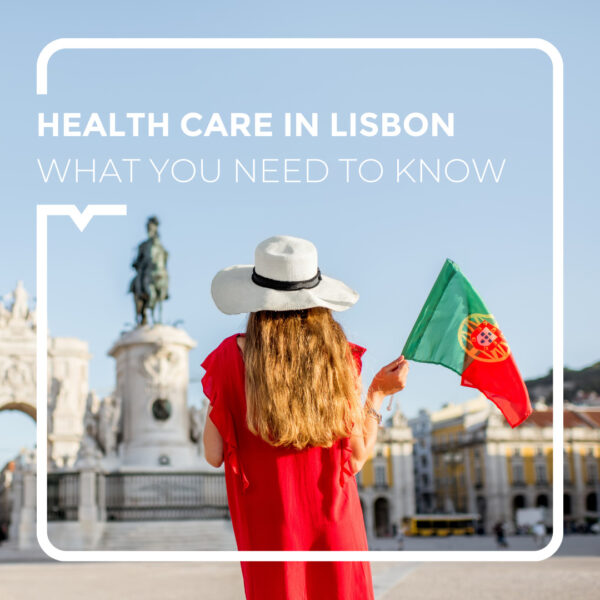 woman in Lisbon's Place de Commerce with Portuguese flag in her hands